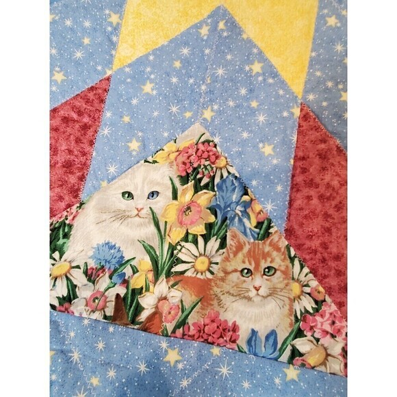 VINTAGE HANDMADE OCTAGON QUILT TABLE TOPPER RUG STAR PATTERN CATS STARS - Picture 5 of 11